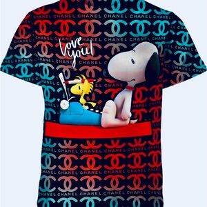 New Snoopy Woodstock Love CC T-Shirt Size L 3D Printed Vibrant Colors